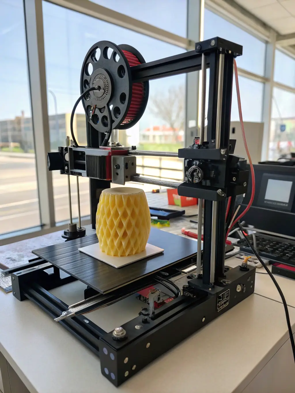 A professional-grade 3D printer creating a detailed prototype in a well-lit workshop.