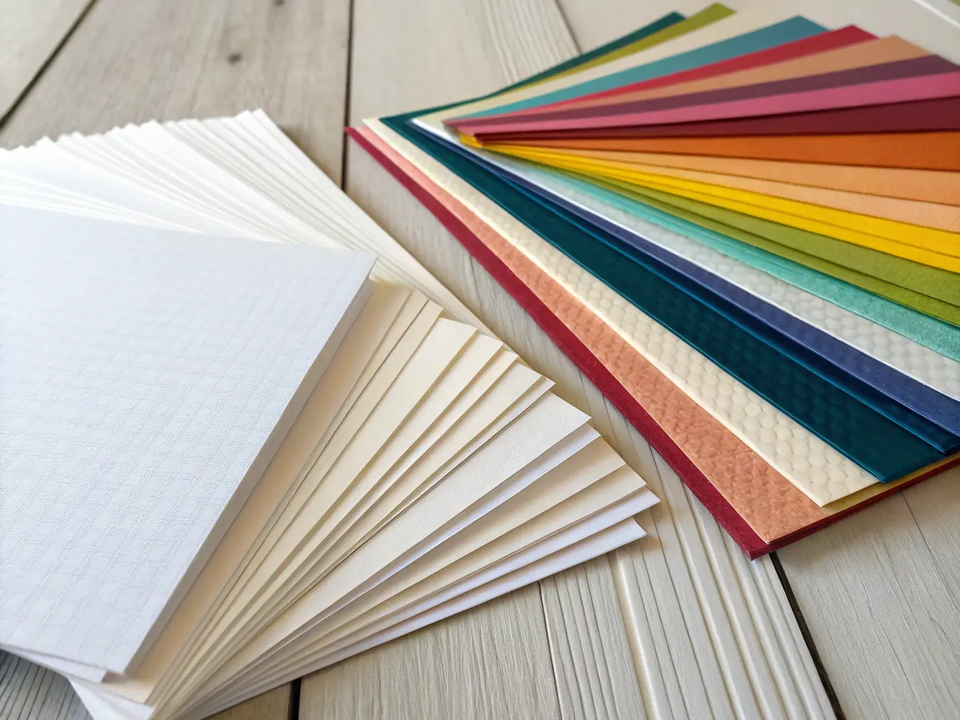An assortment of printing paper and labels displayed on a table, highlighting different textures and sizes.