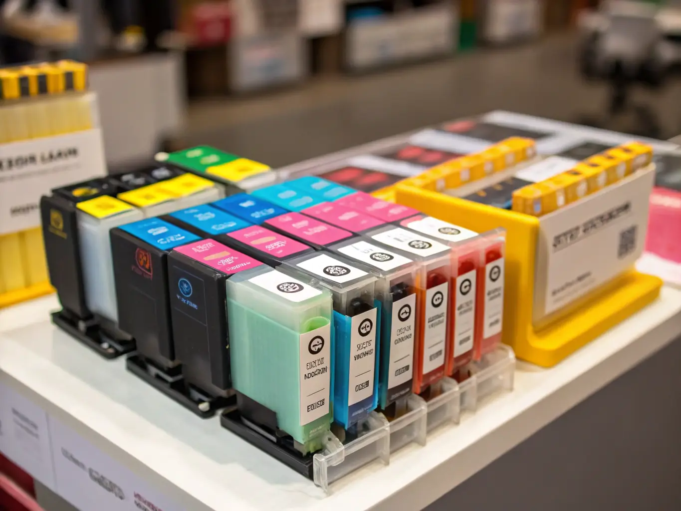 Close-up image of colorful ink cartridges and toner bottles arranged neatly on a shelf.