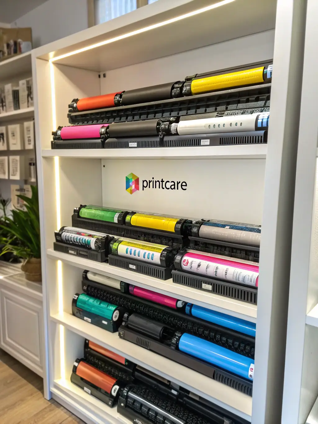 Close-up image of colorful ink cartridges and toner bottles arranged neatly on a shelf.
