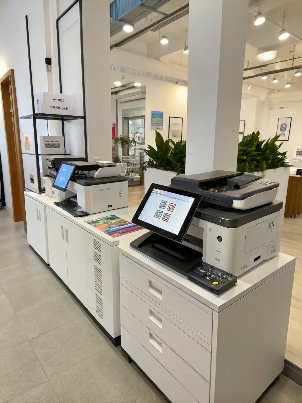 An image showcasing a variety of modern printers, including inkjet and laser models, displayed on a clean, professional desk.