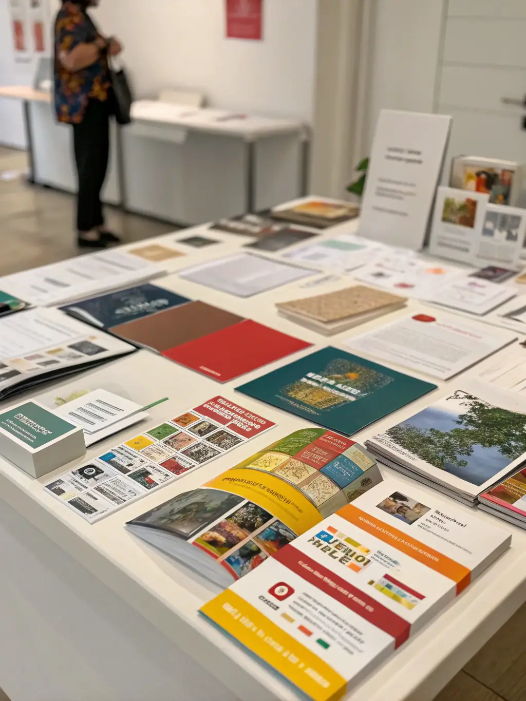 An assortment of printing paper and labels displayed on a table, highlighting different textures and sizes.