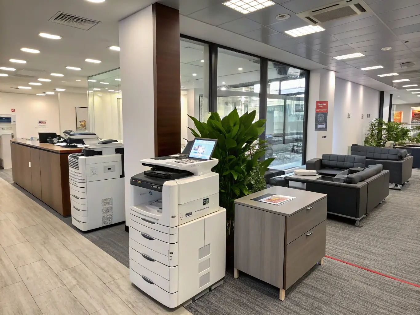 An image showcasing a variety of modern printers, including inkjet and laser models, displayed on a clean, professional desk.